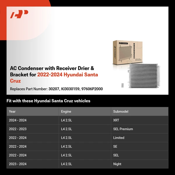 AC Condenser with Receiver Drier & Bracket for 2022-2024 Hyundai Santa Cruz