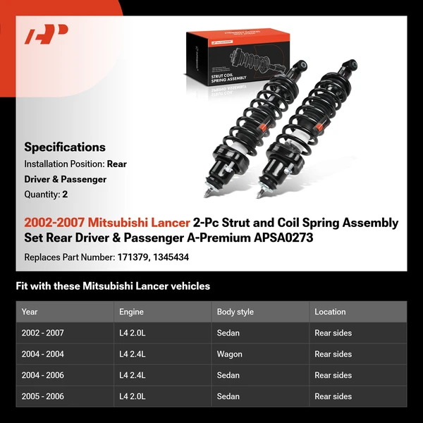 2002-2007 Mitsubishi Lancer 2-Pc Strut and Coil Spring Assembly Set Rear Driver & Passenger A-Premium APSA0273