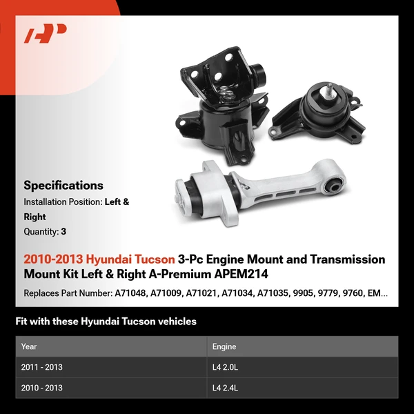 2010-2013 Hyundai Tucson 3-Pc Engine Mount and Transmission Mount Kit Left & Right A-Premium APEM214