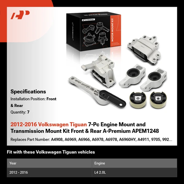 2012-2016 Volkswagen Tiguan 7-Pc Engine Mount and Transmission Mount Kit Front & Rear A-Premium APEM1248