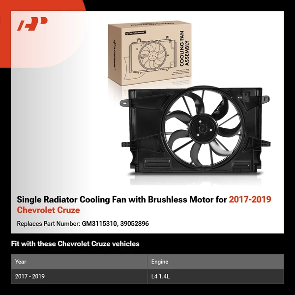 Single Radiator Cooling Fan with Brushless Motor for 2017-2019 Chevrolet Cruze