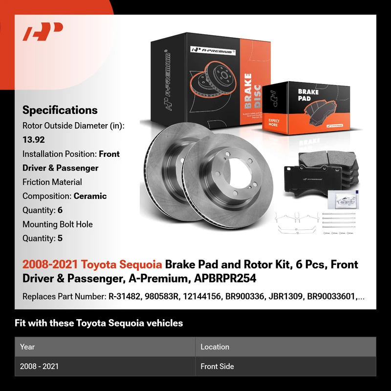 2008-2021 Toyota Sequoia Brake Pad and Rotor Kit, 6 Pcs, Front Driver & Passenger, A-Premium, APBRPR254