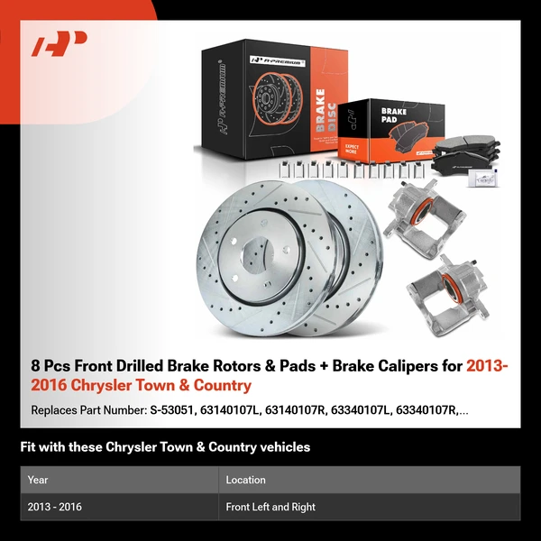 8 Pcs Front Drilled Brake Rotors & Pads + Brake Calipers for 2013-2016 Chrysler Town & Country