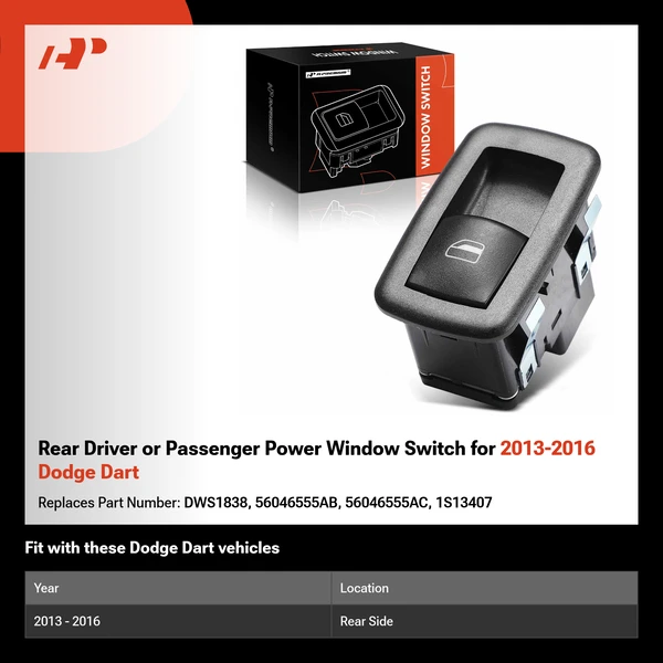 Rear Driver or Passenger Power Window Switch for 2013-2016 Dodge Dart