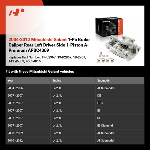 2004-2012 Mitsubishi Galant 1-Pc Brake Caliper Rear Left Driver Side 1-Piston A-Premium APBC4369