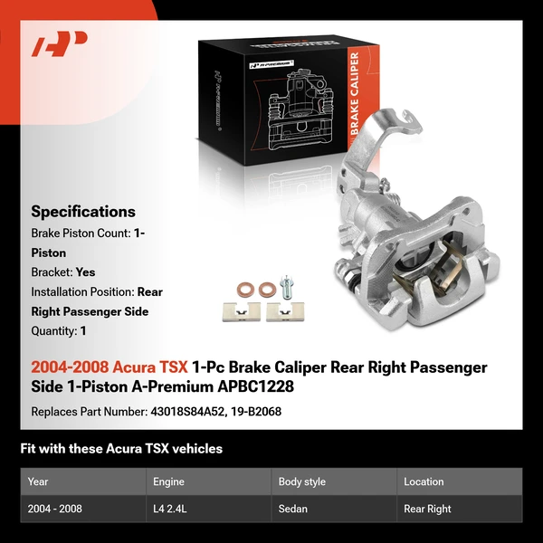2004-2008 Acura TSX 1-Pc Brake Caliper Rear Right Passenger Side 1-Piston A-Premium APBC1228