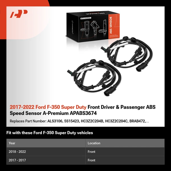 2017-2022 Ford F-350 Super Duty Front Driver & Passenger ABS Speed Sensor A-Premium APABS3674