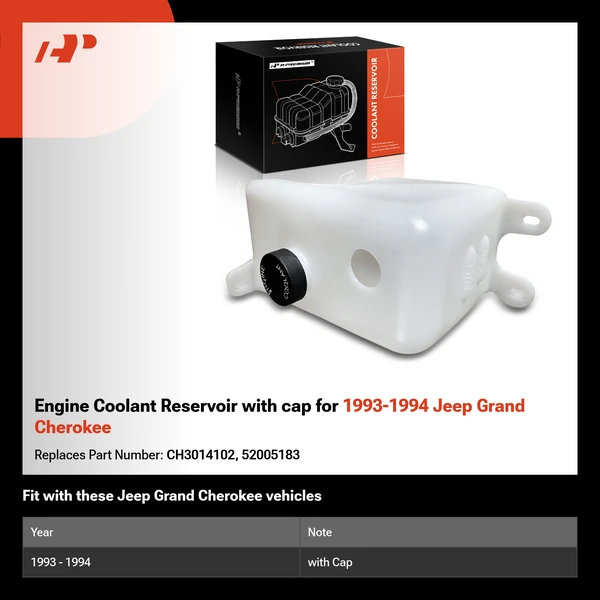 Engine Coolant Reservoir with cap for 1993-1994 Jeep Grand Cherokee