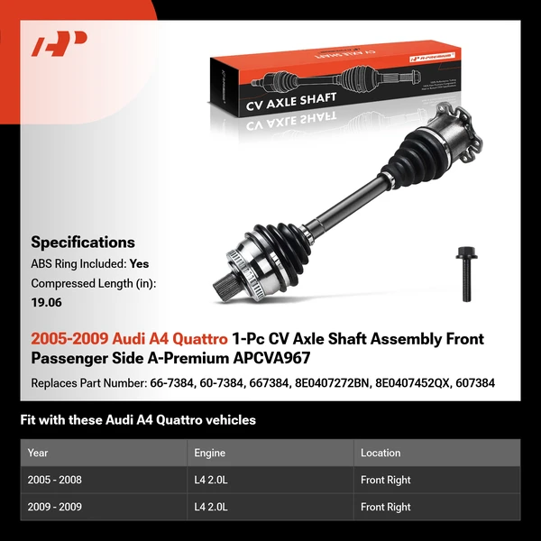 2005-2009 Audi A4 Quattro 1-Pc CV Axle Shaft Assembly Front Passenger Side A-Premium APCVA967