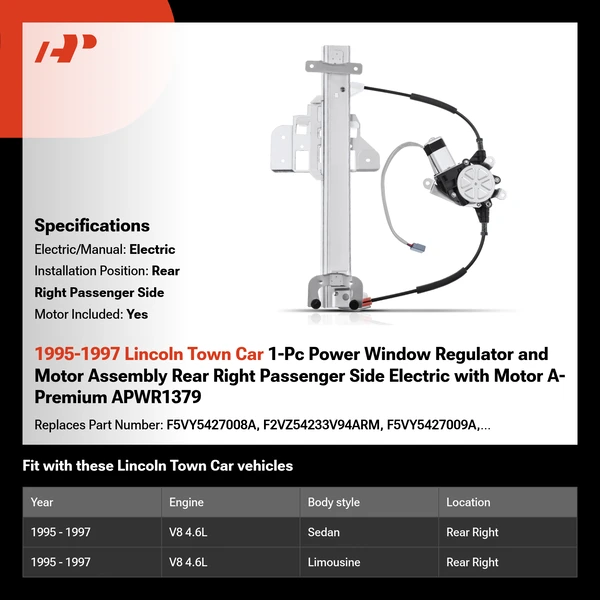 1995-1997 Lincoln Town Car 1-Pc Power Window Regulator and Motor Assembly Rear Right Passenger Side Electric with Motor A-Premium APWR1379