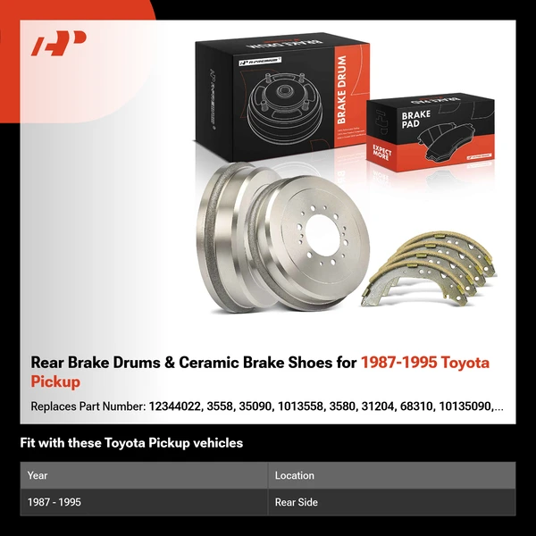 Rear Brake Drums & Ceramic Brake Shoes for 1987-1995 Toyota Pickup