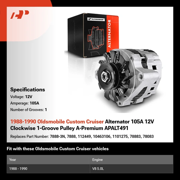 1988-1990 Oldsmobile Custom Cruiser Alternator 105A 12V Clockwise 1-Groove Pulley A-Premium APALT491