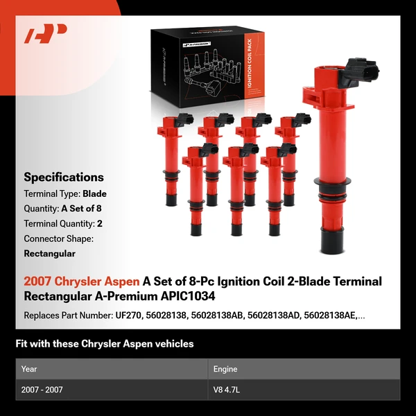 2007 Chrysler Aspen A Set of 8-Pc Ignition Coil 2-Blade Terminal Rectangular A-Premium APIC1034