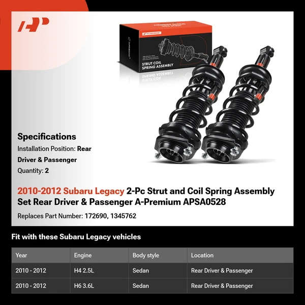 2010-2012 Subaru Legacy 2-Pc Strut and Coil Spring Assembly Set Rear Driver & Passenger A-Premium APSA0528