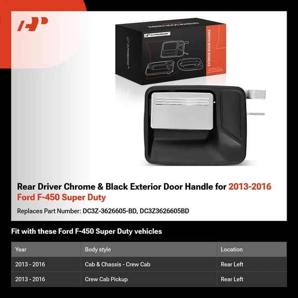 Rear Driver Chrome & Black Exterior Door Handle for 2013-2016 Ford F-450 Super Duty