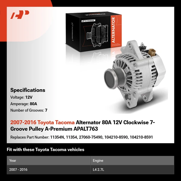2007-2016 Toyota Tacoma Alternator 80A 12V Clockwise 7-Groove Pulley A-Premium APALT763