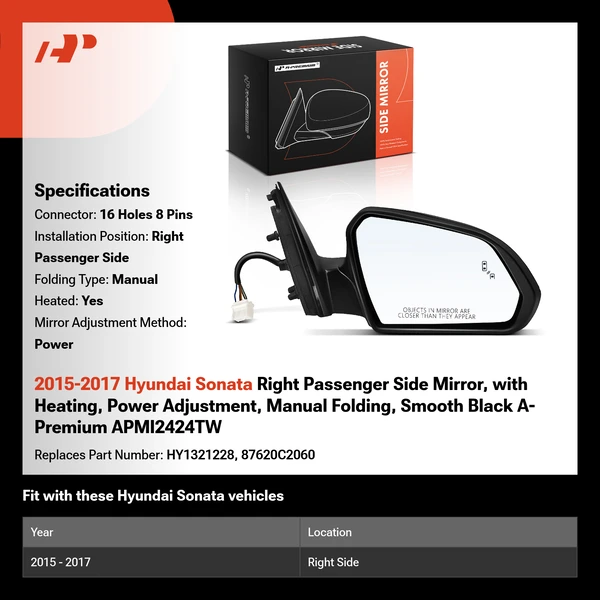 2015-2017 Hyundai Sonata Right Passenger Side Mirror, with Heating, Power Adjustment, Manual Folding, Smooth Black A-Premium APMI2424TW