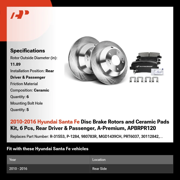 2010-2016 Hyundai Santa Fe Disc Brake Rotors and Ceramic Pads Kit, 6 Pcs, Rear Driver & Passenger, A-Premium, APBRPR120