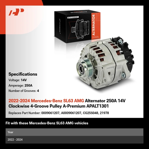 2022-2024 Mercedes-Benz SL63 AMG Alternator 250A 14V Clockwise 4-Groove Pulley A-Premium APALT1301