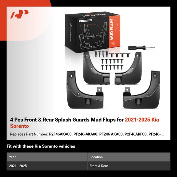 4 Pcs Front & Rear Splash Guards Mud Flaps for 2021-2025 Kia Sorento