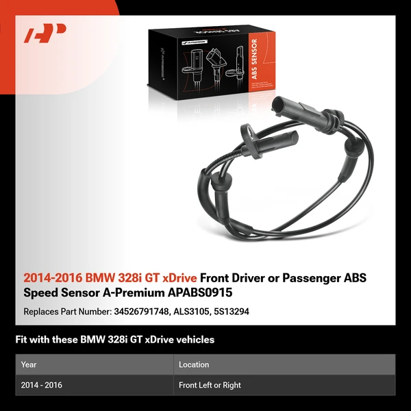 2014-2016 BMW 328i GT xDrive Front Driver or Passenger ABS Speed Sensor A-Premium APABS0915