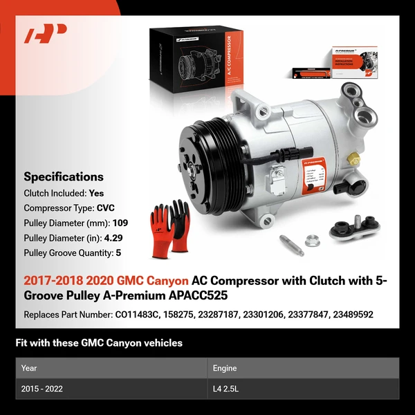 2017-2018 2020 GMC Canyon AC Compressor with Clutch with 5-Groove Pulley A-Premium APACC525