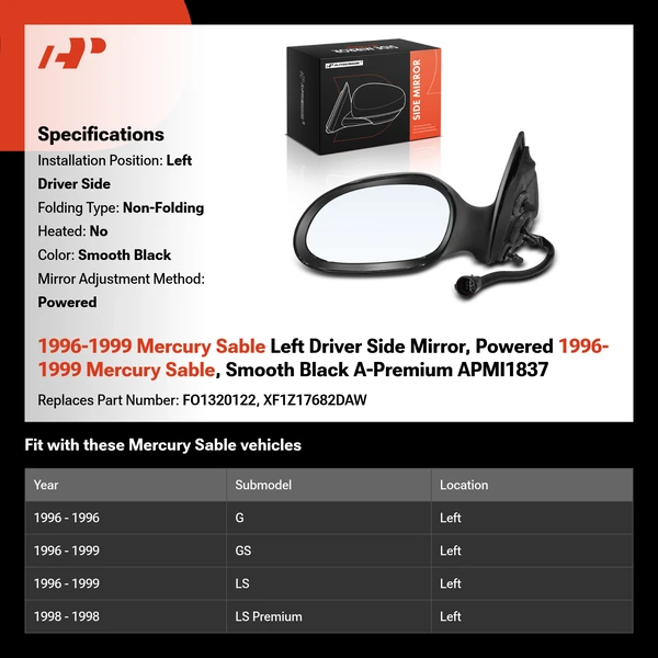 1996-1999 Mercury Sable Left Driver Side Mirror, Powered 1996-1999 Mercury Sable, Smooth Black A-Premium APMI1837