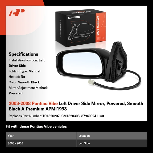 2003-2008 Pontiac Vibe Left Driver Side Mirror, Power Adjustment, Manual Folding, Smooth Black A-Premium APMI1993