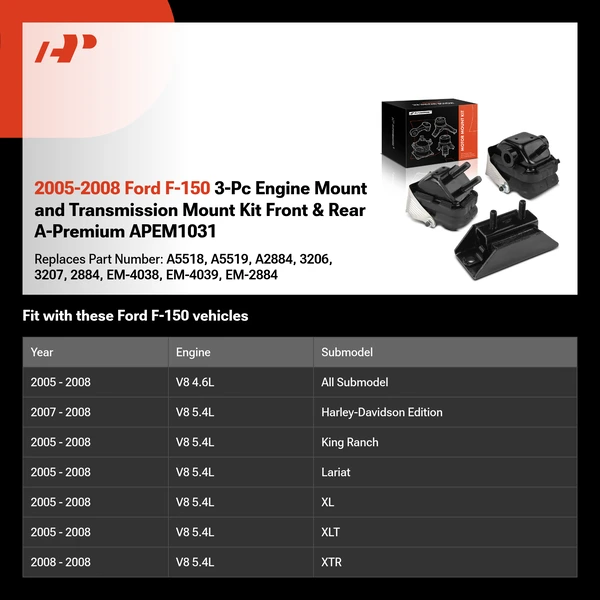 2005-2008 Ford F-150 3-Pc Engine Mount and Transmission Mount Kit Front & Rear A-Premium APEM1031