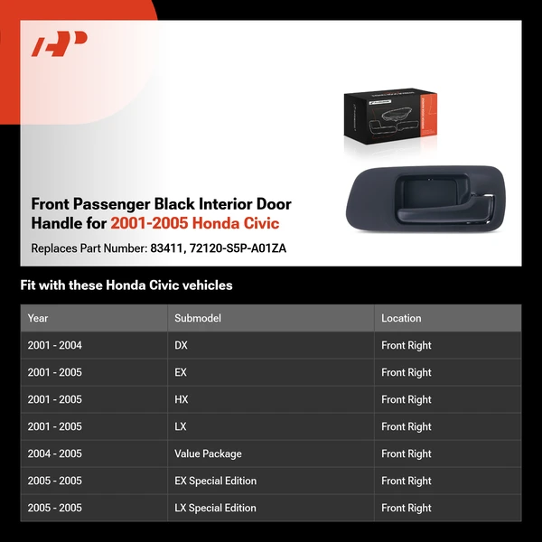 Front Passenger Black Interior Door Handle for 2001-2005 Honda Civic