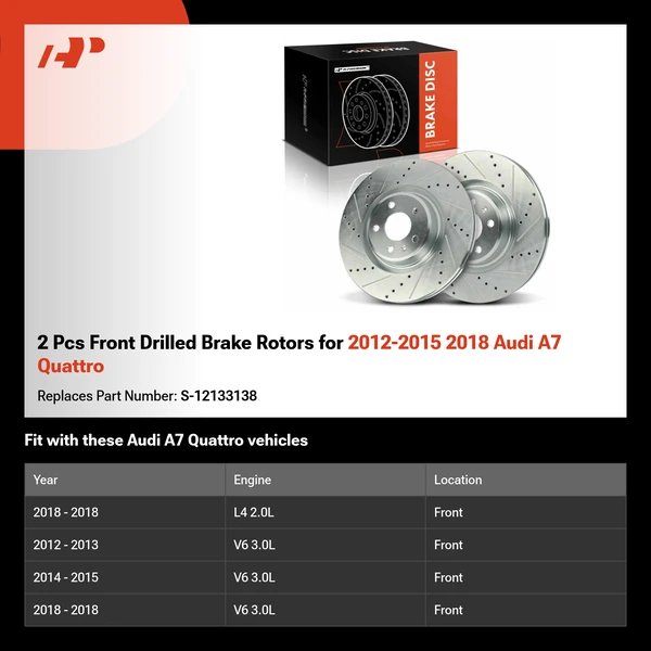 2 Pcs Front Drilled Brake Rotors for 2012-2015 2018 Audi A7 Quattro