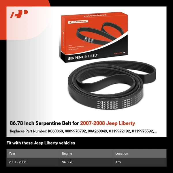 86.78 Inch Serpentine Belt for 2007-2008 Jeep Liberty