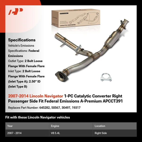 2007-2014 Lincoln Navigator 1-PC Catalytic Converter Right Passenger Side Fit Federal Emissions A-Premium APCCT391