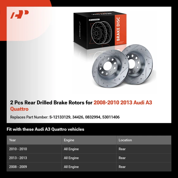 2 Pcs Rear Drilled Brake Rotors for 2008-2010 2013 Audi A3 Quattro