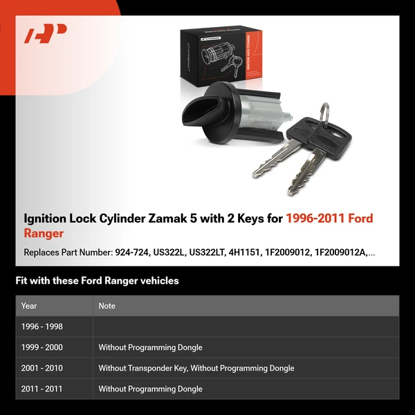 Ignition Lock Cylinder Zamak 5 with 2 Keys for 1996-2011 Ford Ranger