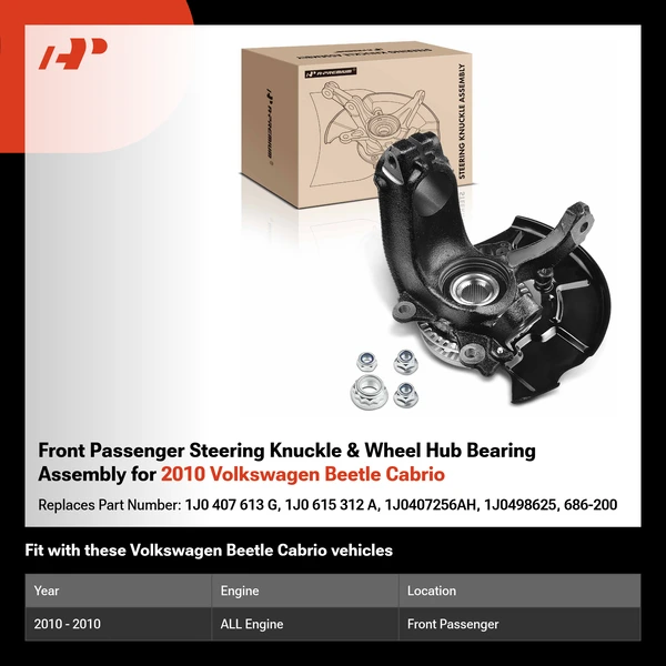 Front Passenger Steering Knuckle & Wheel Hub Bearing Assembly for 2010 Volkswagen Beetle Cabrio