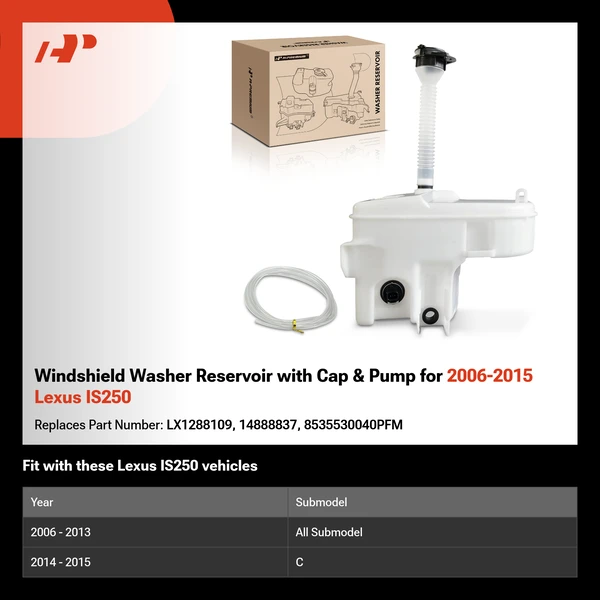 Windshield Washer Reservoir with Cap & Pump for 2006-2015 Lexus IS250