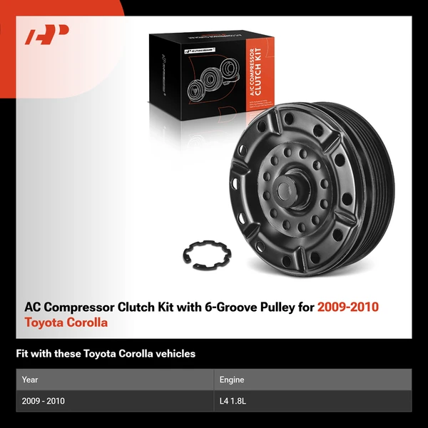 AC Compressor Clutch Kit with 6-Groove Pulley for 2009-2010 Toyota Corolla