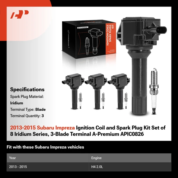 2013-2015 Subaru Impreza Ignition Coil and Spark Plug Kit Set of 8 Iridium Series, 3-Blade Terminal A-Premium APIC0826