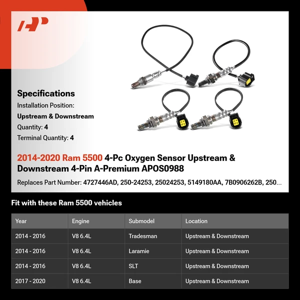 2014-2020 Ram 5500 4-Pc Oxygen Sensor Upstream & Downstream 4-Pin A-Premium APOS0988