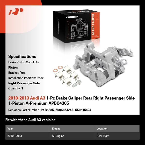 2010-2013 Audi A3 1-Pc Brake Caliper Rear Right Passenger Side 1-Piston A-Premium APBC4305