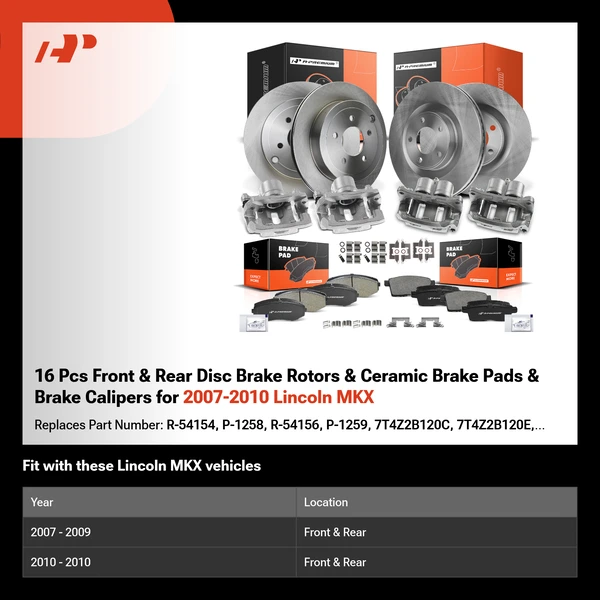 16 Pcs Front & Rear Disc Brake Rotors & Ceramic Brake Pads & Brake Calipers for 2007-2010 Lincoln MKX