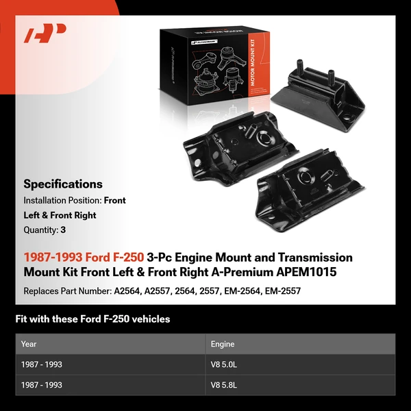 1987-1993 Ford F-250 3-Pc Engine Mount and Transmission Mount Kit Front Left & Front Right A-Premium APEM1015