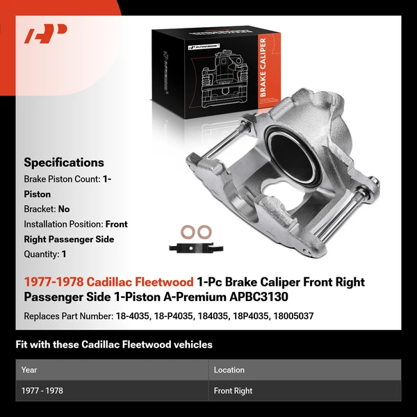 1977-1978 Cadillac Fleetwood 1-Pc Brake Caliper Front Right Passenger Side 1-Piston A-Premium APBC3130