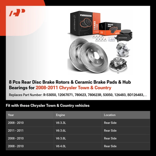 8 Pcs Rear Disc Brake Rotors & Ceramic Brake Pads & Hub Bearings for 2008-2011 Chrysler Town & Country