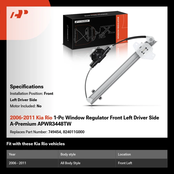 2006-2011 Kia Rio 1-Pc Window Regulator Front Left Driver Side A-Premium APWR3448TW