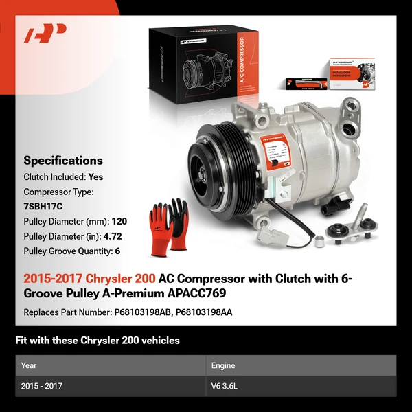 2015-2017 Chrysler 200 AC Compressor with Clutch with 6-Groove Pulley A-Premium APACC769