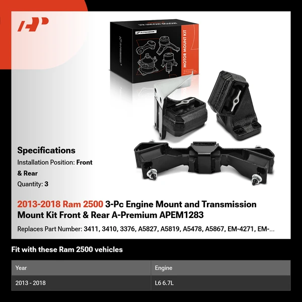 2013-2018 Ram 2500 3-Pc Engine Mount and Transmission Mount Kit Front & Rear A-Premium APEM1283