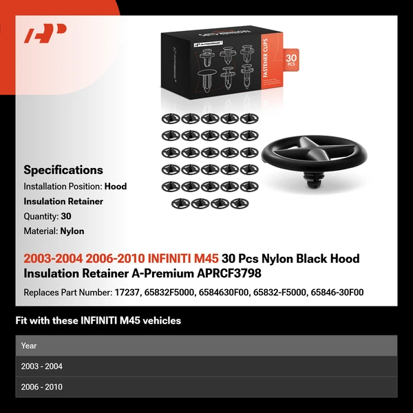 2003-2004 2006-2010 INFINITI M45 30 Pcs Nylon Black Hood Insulation Retainer A-Premium APRCF3798