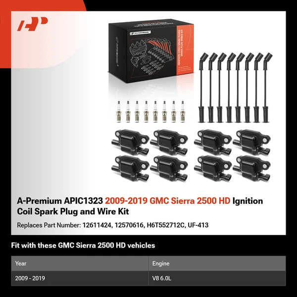 A-Premium APIC1323 2009-2019 GMC Sierra 2500 HD Ignition Coil Spark Plug and Wire Kit